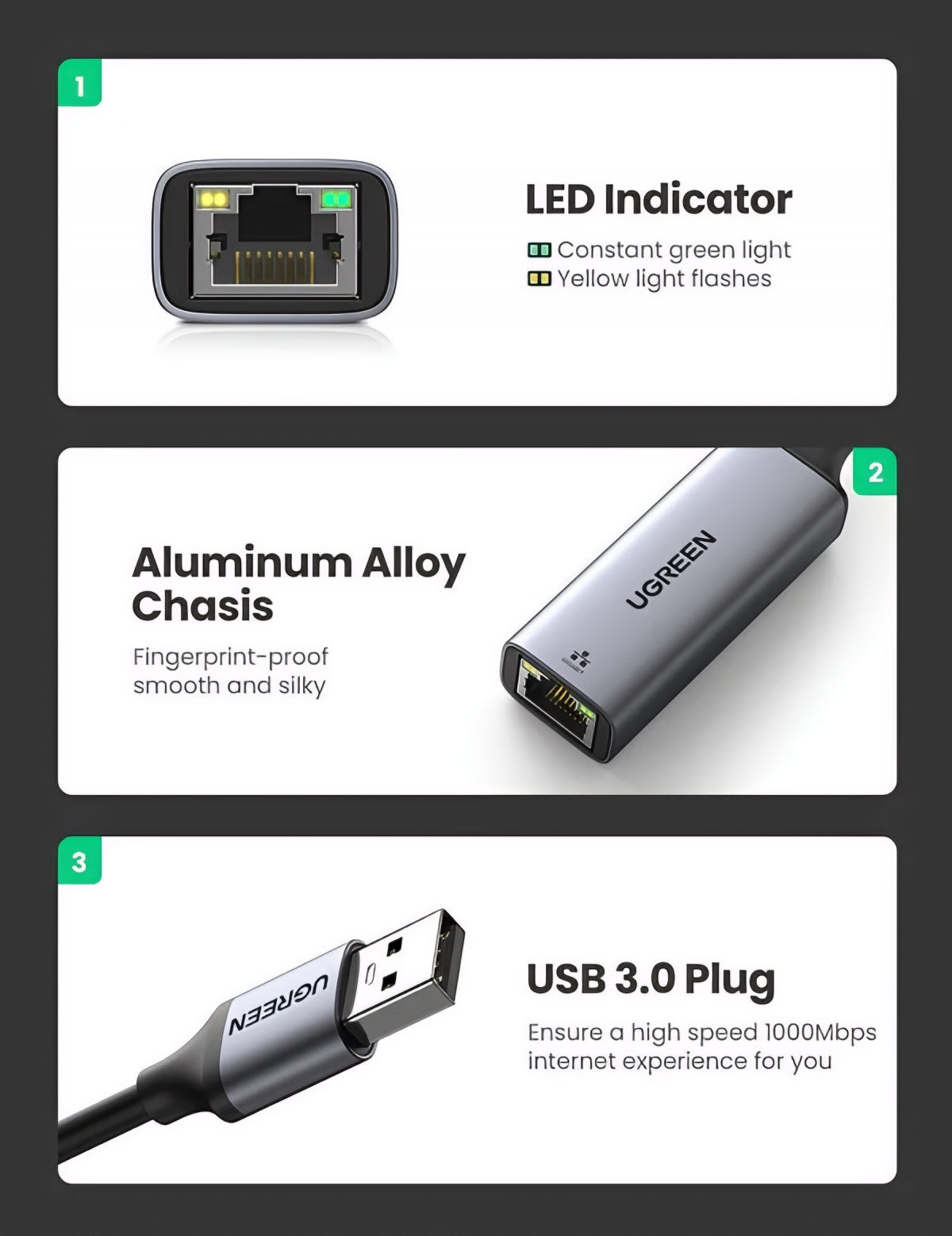 Tarjeta de Red UGREEN CM209, RJ45, USB, Gris