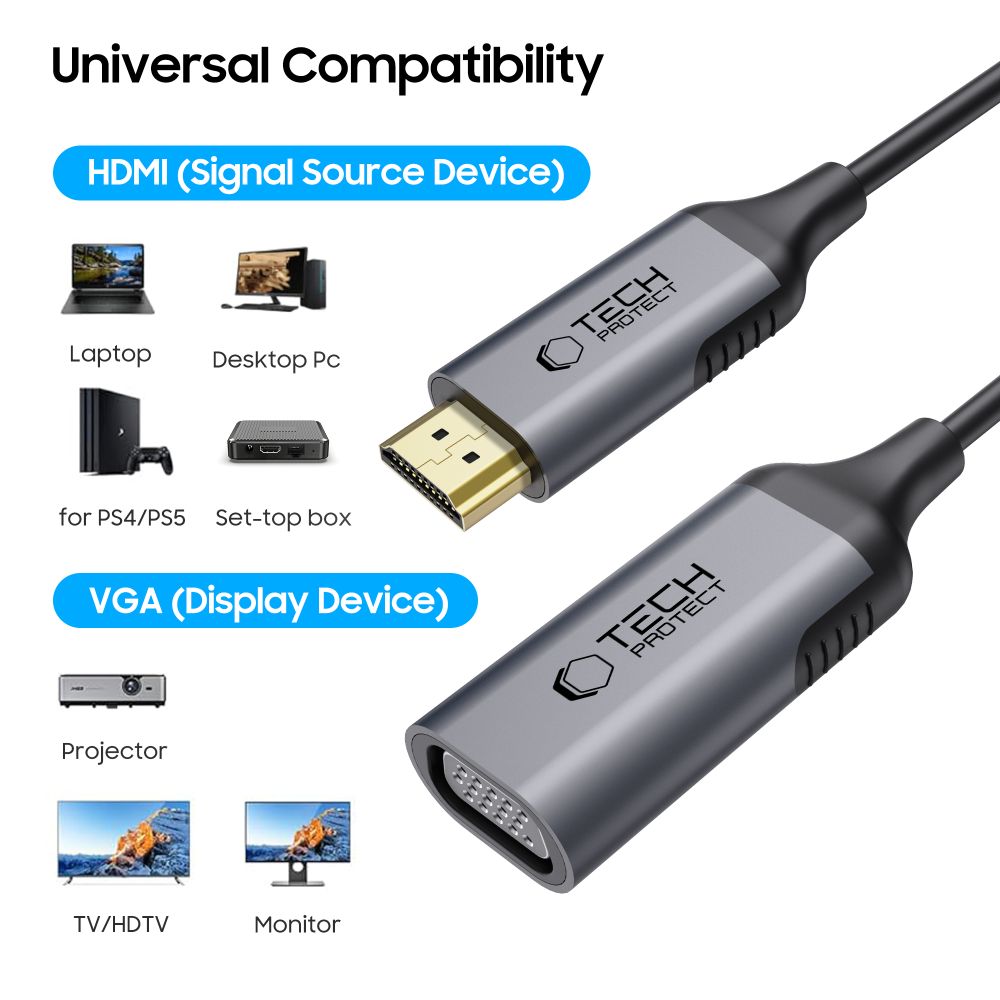 Adaptador de Video Tech-Protect Ultraboost, VGA - HDMI, 1080P, Negro