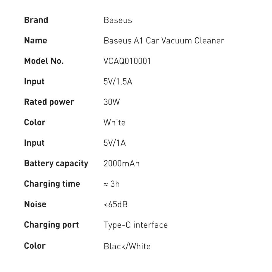 Baseus A1 Aspirador de coche VCAQ010002