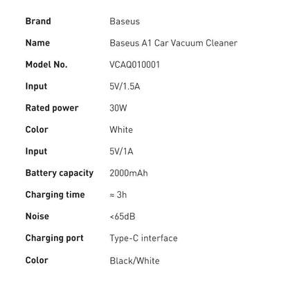 Baseus A1 Aspirador de coche VCAQ010002