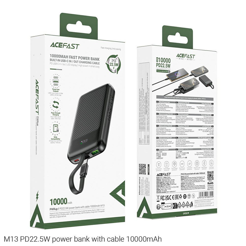Acefast M13 External Battery, 10000mAh, 22.5W, QC + PD, 1 x USB-A - 2 x USB-C, Black