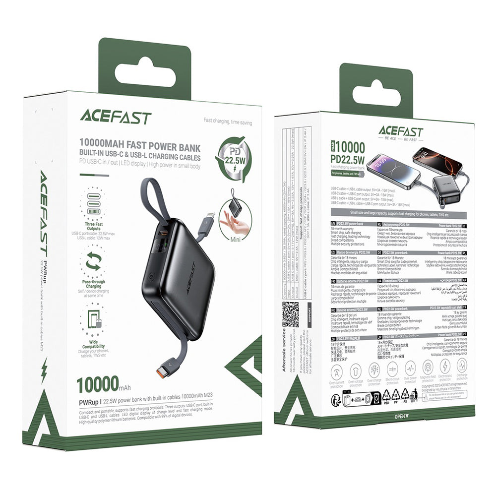 Batería Externa Acefast M23, 10000mAh, 22.5W, QC + PD, 1 x Lightning - 2 x USB-C, Gris