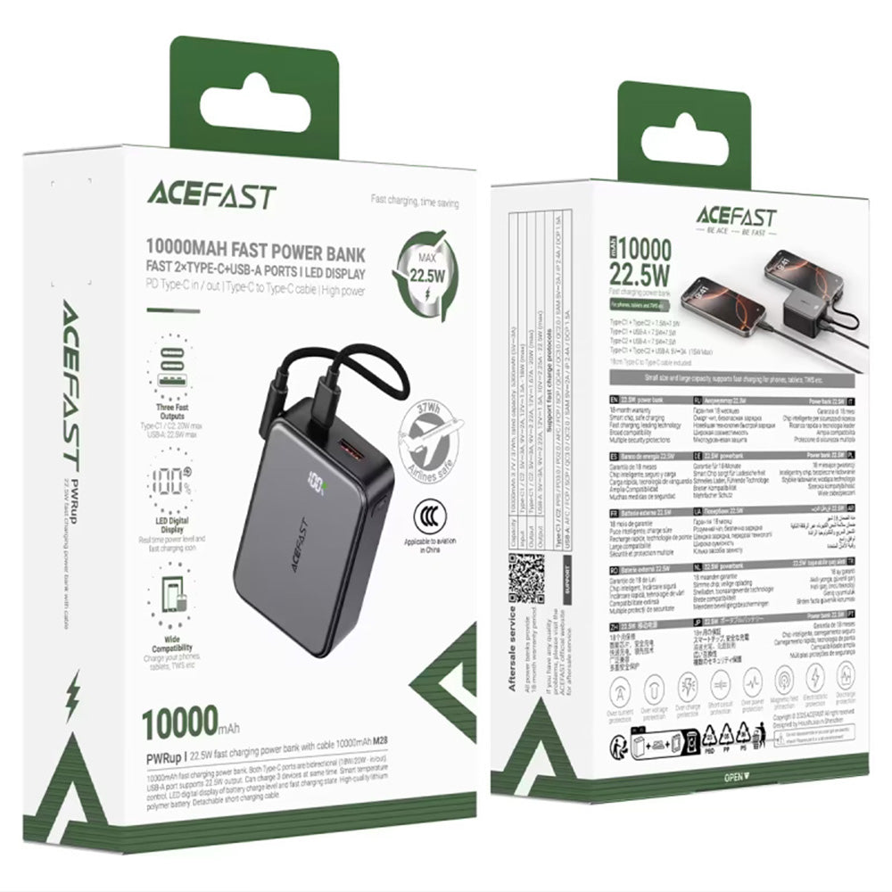 Batería Externa Acefast M28, 10000mAh, 22.5W, QC + PD, 1 x USB-A - 2 x USB-C, Negra