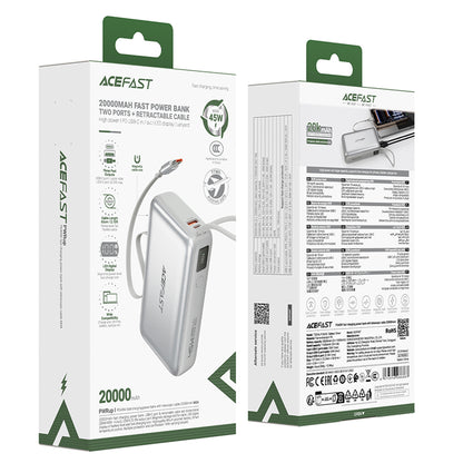 Batería Externa Acefast M34, 20000mAh, 45W, QC + PD, 1 x USB-A - 2 x USB-C, Plateada