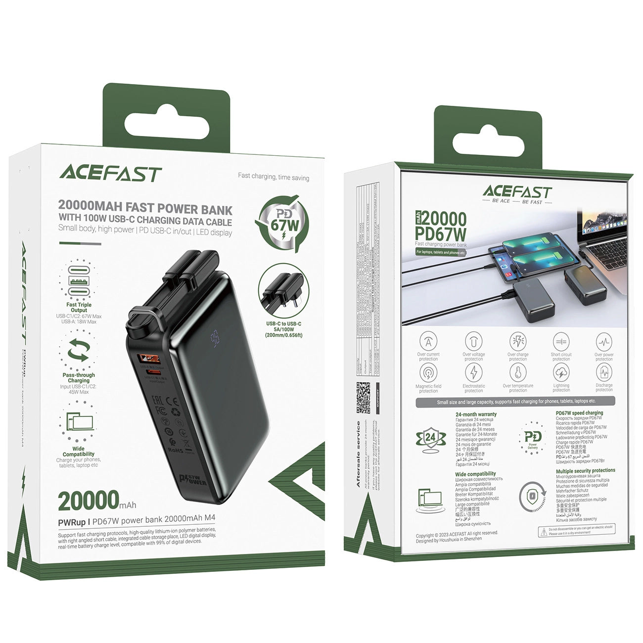 Batería externa Acefast M4, 20000mAh, 67W, PD + QI, 1 x USB-A - 2 x USB-C, Negro