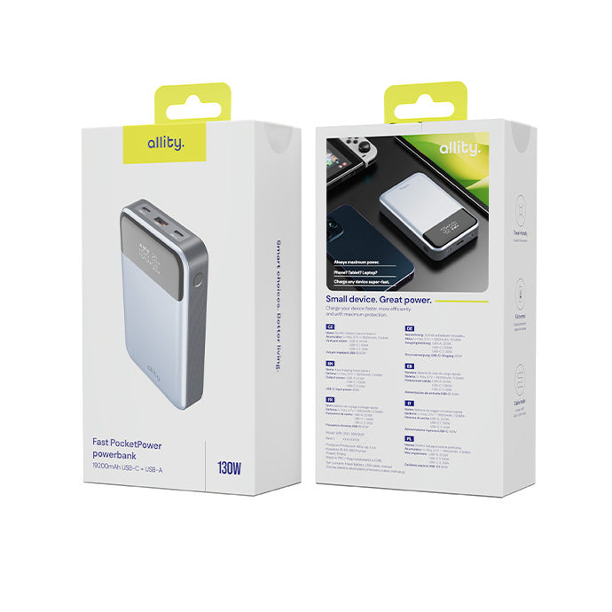 Batería Externa Allity. APB-200 PocketPower, 19200mAh, 130W, QC + PD, 1 x USB-A - 2 x USB-C, Gris