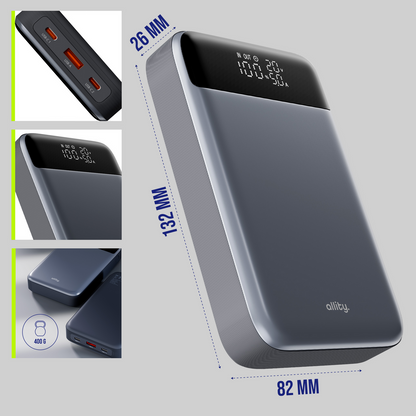 Batería Externa Allity. APB-200 PocketPower, 19200mAh, 130W, QC + PD, 1 x USB-A - 2 x USB-C, Gris