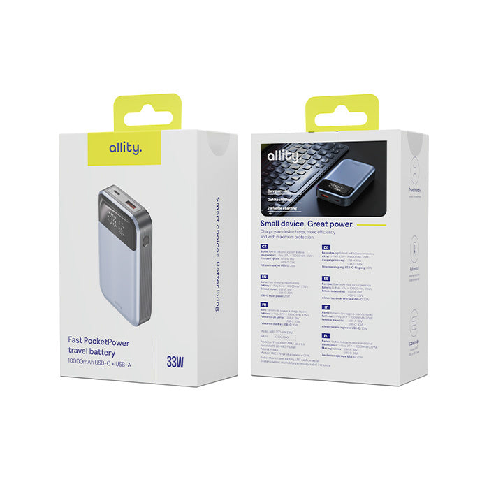 Batería Externa Allity. APB-200 PocketPower, 10000mAh, 33W, QC + PD, 1 x USB-A - 1 x USB-C, Gris