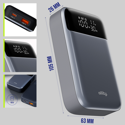 Batería Externa Allity. APB-200 PocketPower, 10000mAh, 33W, QC + PD, 1 x USB-A - 1 x USB-C, Gris