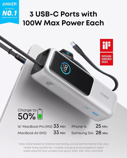 Batería Externa Anker, 25000mAh, 165W, QC + PD, 1 x USB-A - 3 x USB-C, Plateada, Reacondicionada A1695H41