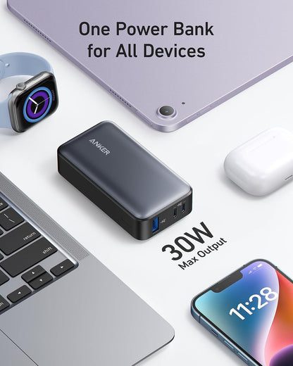 Batería externa Anker 533, 10000mAh, 30W, QC + PD, 1 x USB-A - 2 x USB-C, Negro A1256G12