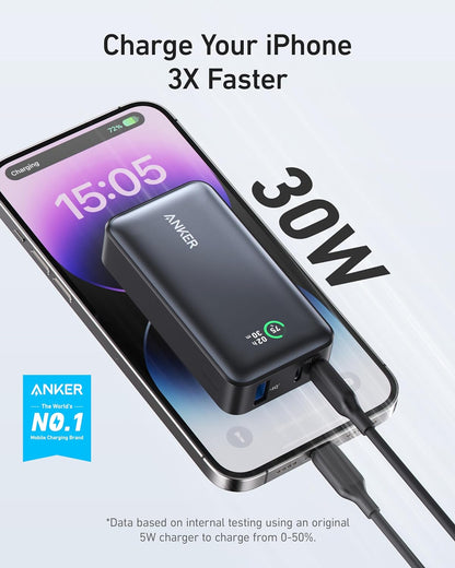 Batería externa Anker 533, 10000mAh, 30W, QC + PD, 1 x USB-A - 2 x USB-C, Negro A1256G12