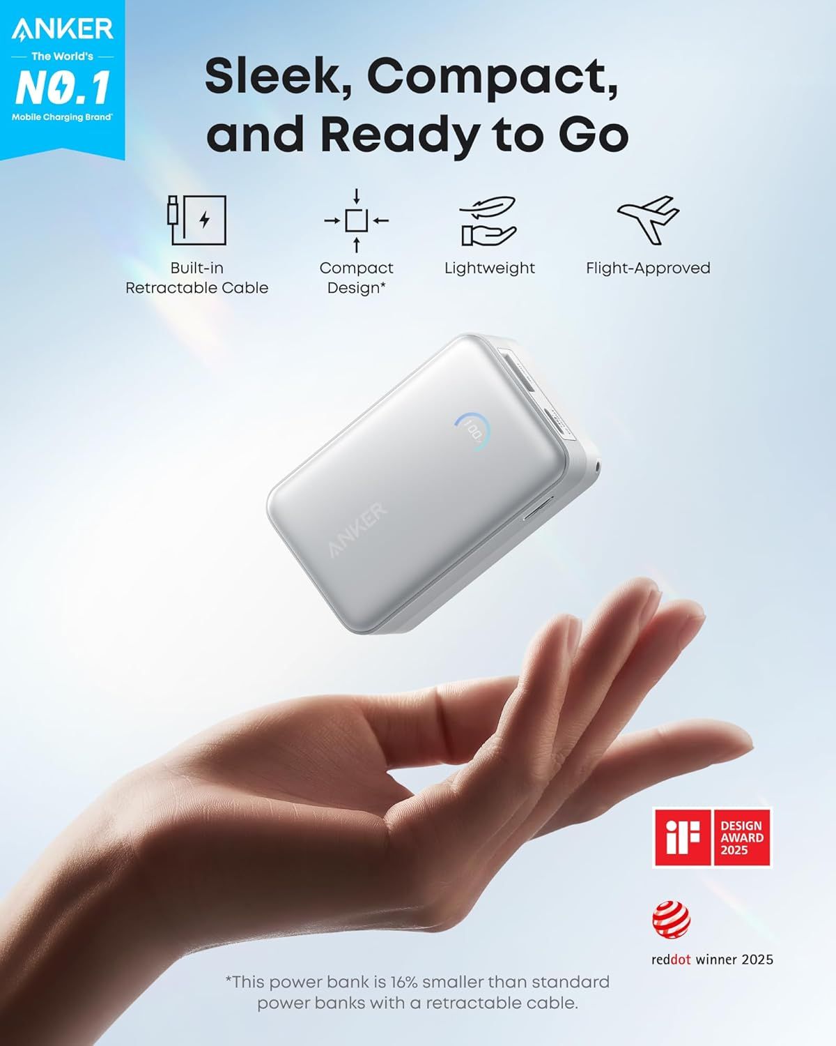 Batería Externa Anker Nano, 10000mAh, 45W, QC + PD, 1 x USB-A - 1 x USB-C, Blanca A1638H21