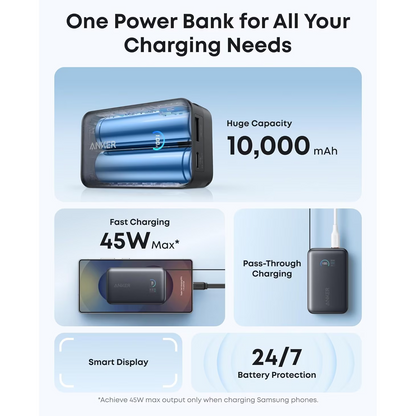 Batería Externa Anker Nano, 10000mAh, 45W, QC + PD, 1 x USB-A - 1 x USB-C, Negra A1638H11
