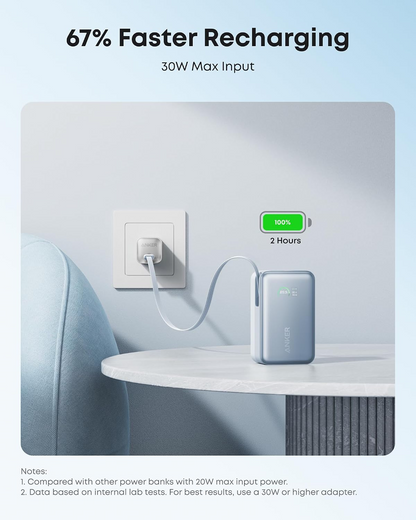 Batería Externa Anker Nano, 10000mAh, 45W, QC + PD, 1 x USB-A - 2 x USB-C, Azul