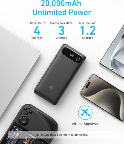 Batería Externa Anker PowerCore, 20000mAh, 87W, QC + PD, 1 x USB-A - 2 x USB-C, Negra A1383H11