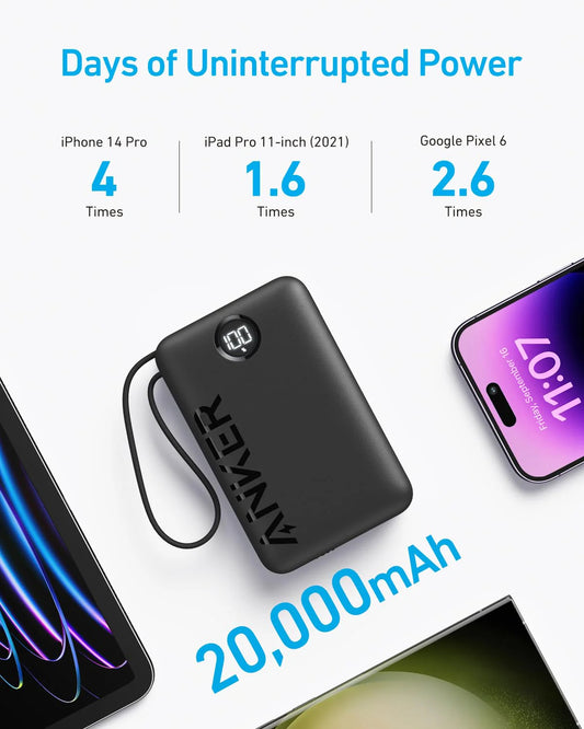 Batería externa Anker PowerCore 335, 20000mAh, 22.5W, QC + PD, 1 x USB-A - 2 x USB-C, Negro A1647G11