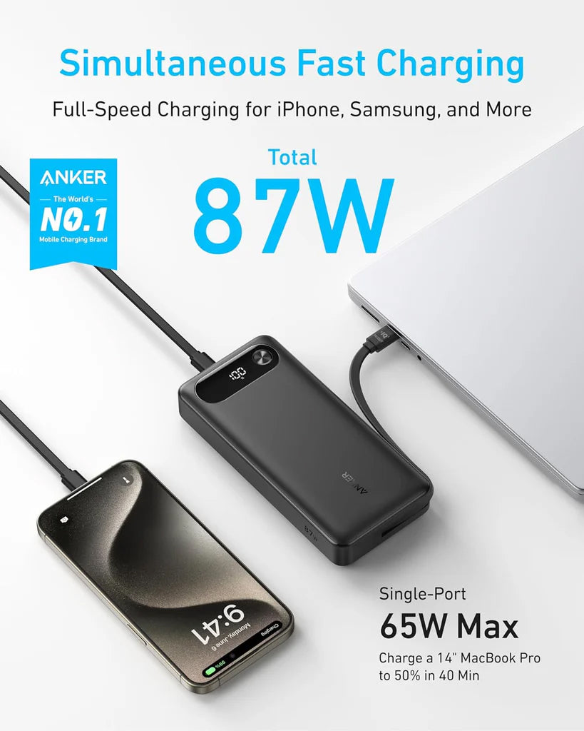 Batería Externa Anker PowerCore, 20000mAh, 87W, QC + PD, 1 x USB-A - 2 x USB-C, Negra A1383H11