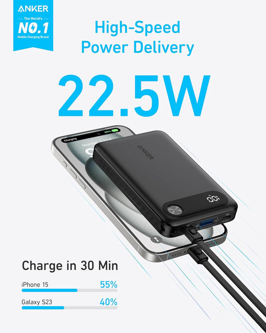 Batería externa Anker PowerCore, 10000mAh, 22.5W, QC + PD, 1 x USB-A - 2 x USB-C, Negro A1257G11