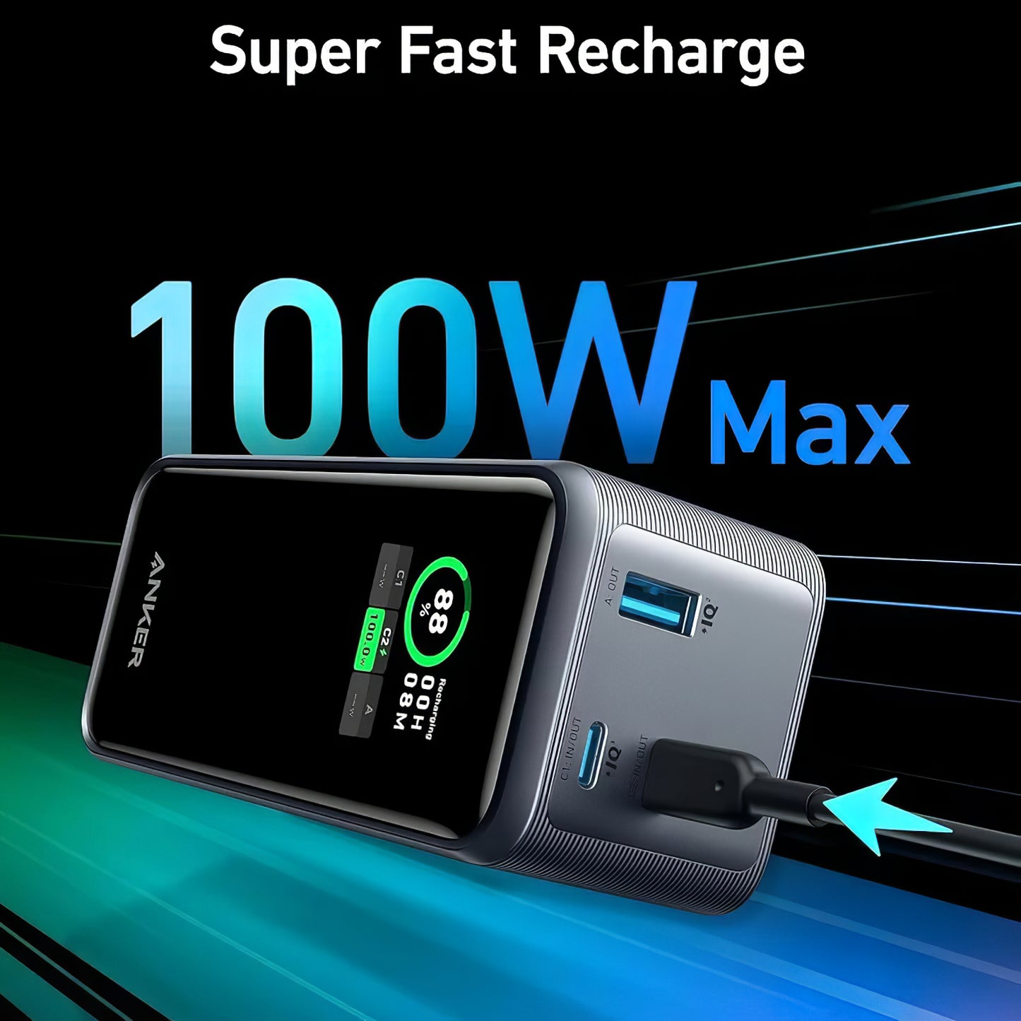 Batería Externa Anker Prime, 20000mAh, 200W, QC + PD, 1 x USB-A - 2 x USB-C, Negra, Reacondicionada A1336011