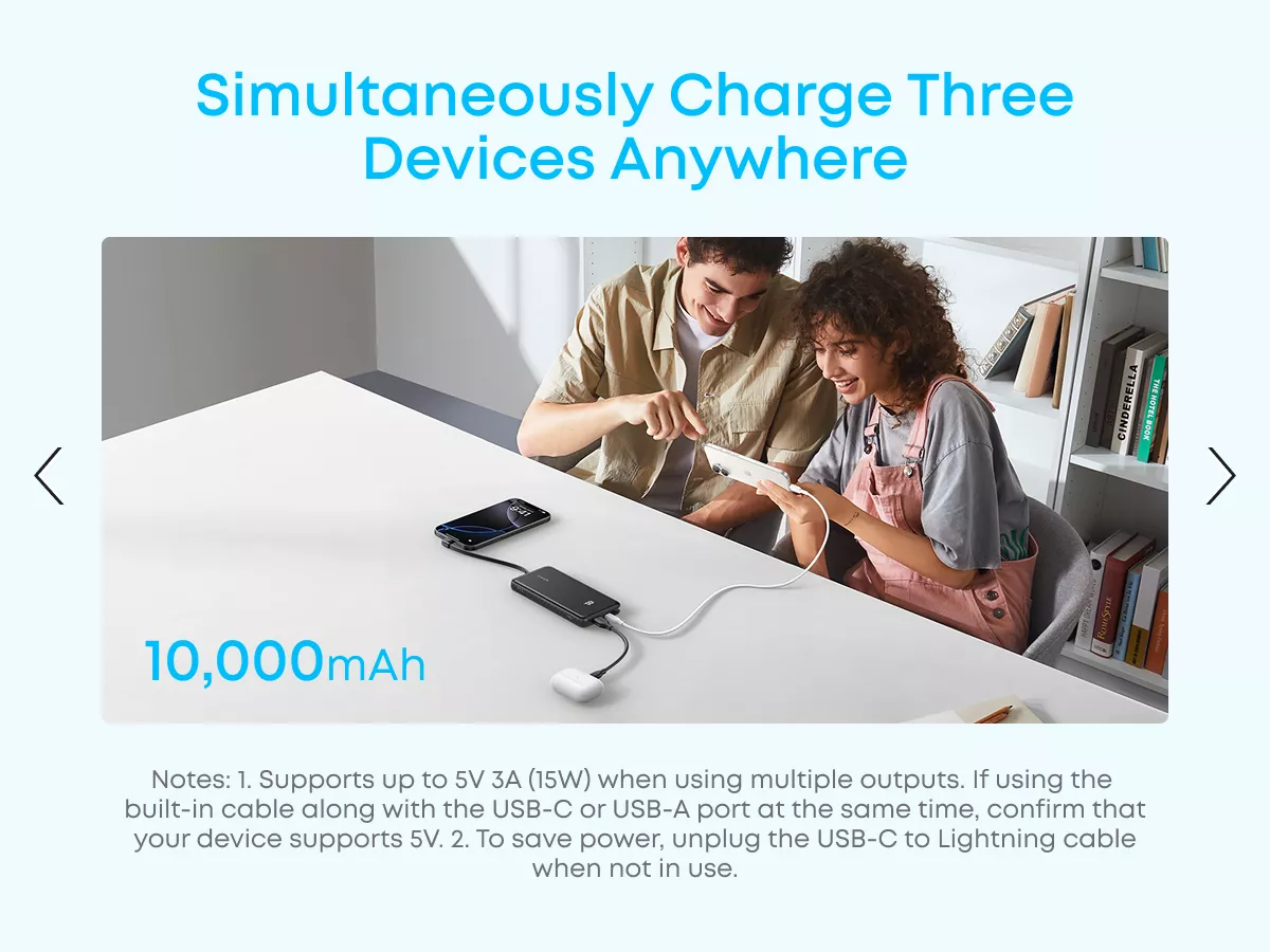 Batería Externa Anker Zolo, 10000mAh, 22.5W, QC + PD, 1 x USB-A - 2 x USB-C, Blanca A110DH21