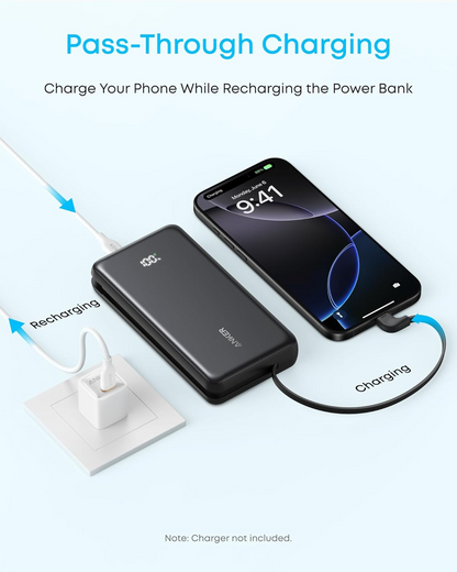 Batería Externa Anker Zolo, 10000mAh, 22.5W, QC + PD, 1 x USB-A - 2 x USB-C, Negra A110DH11