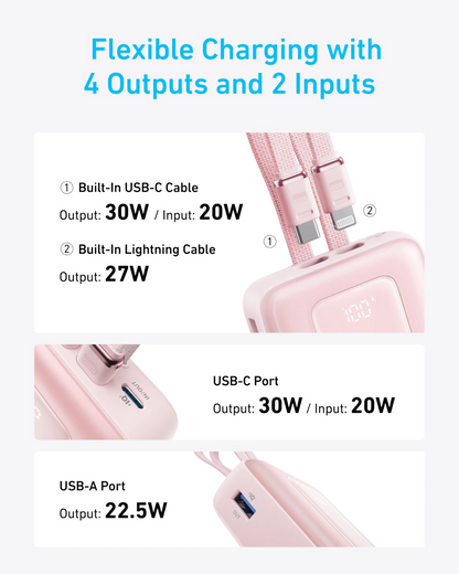 Batería externa Anker Zolo, 20000 mAh, 30 W, QC + PD, 1 x Lightning - 1 x USB-A - 2 x USB-C, negra A1681012