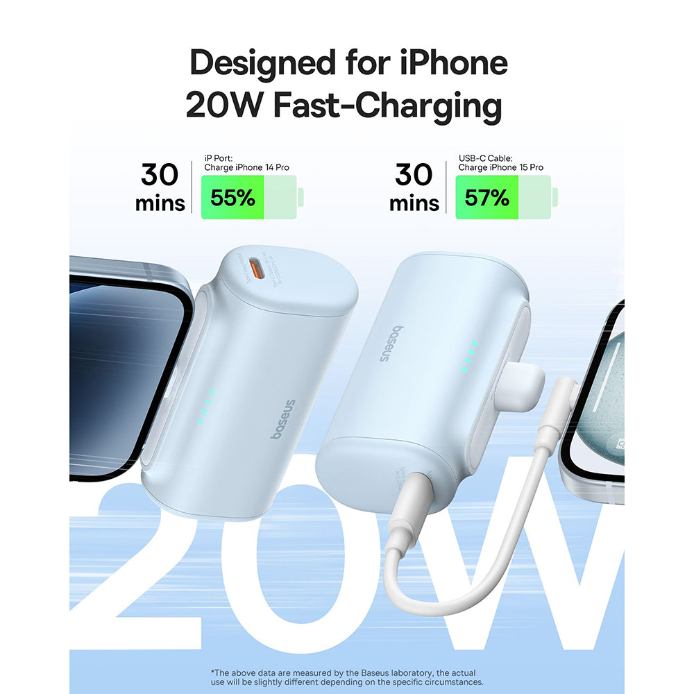 Batería Externa Baseus Compact, 5000mAh, 20W, PD, 1 x Lightning - 1 x USB-C, Azul P10068307313-00