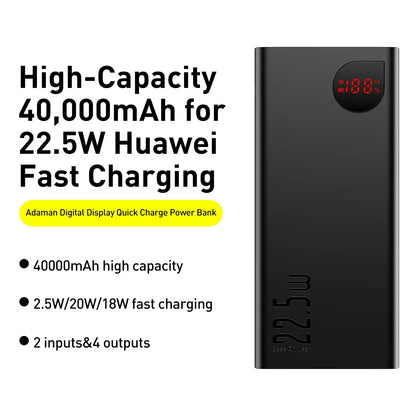 Batería Externa Baseus Adaman, 40000mAh, 22.5W, QC + PD, 1 x USB-C - 3 x USB-A, Negra