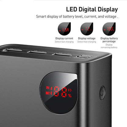 Batería Externa Baseus Adaman, 40000mAh, 22.5W, QC + PD, 1 x USB-C - 3 x USB-A, Negra