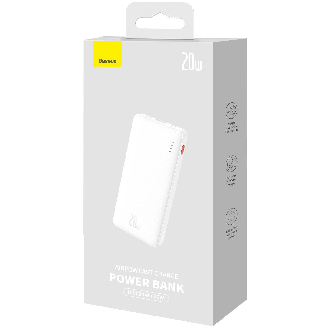 Batería Externa Baseus Airpow, 10000mAh, 20W, QC + PD, 1 x USB-A - 1 x USB-C, Blanca