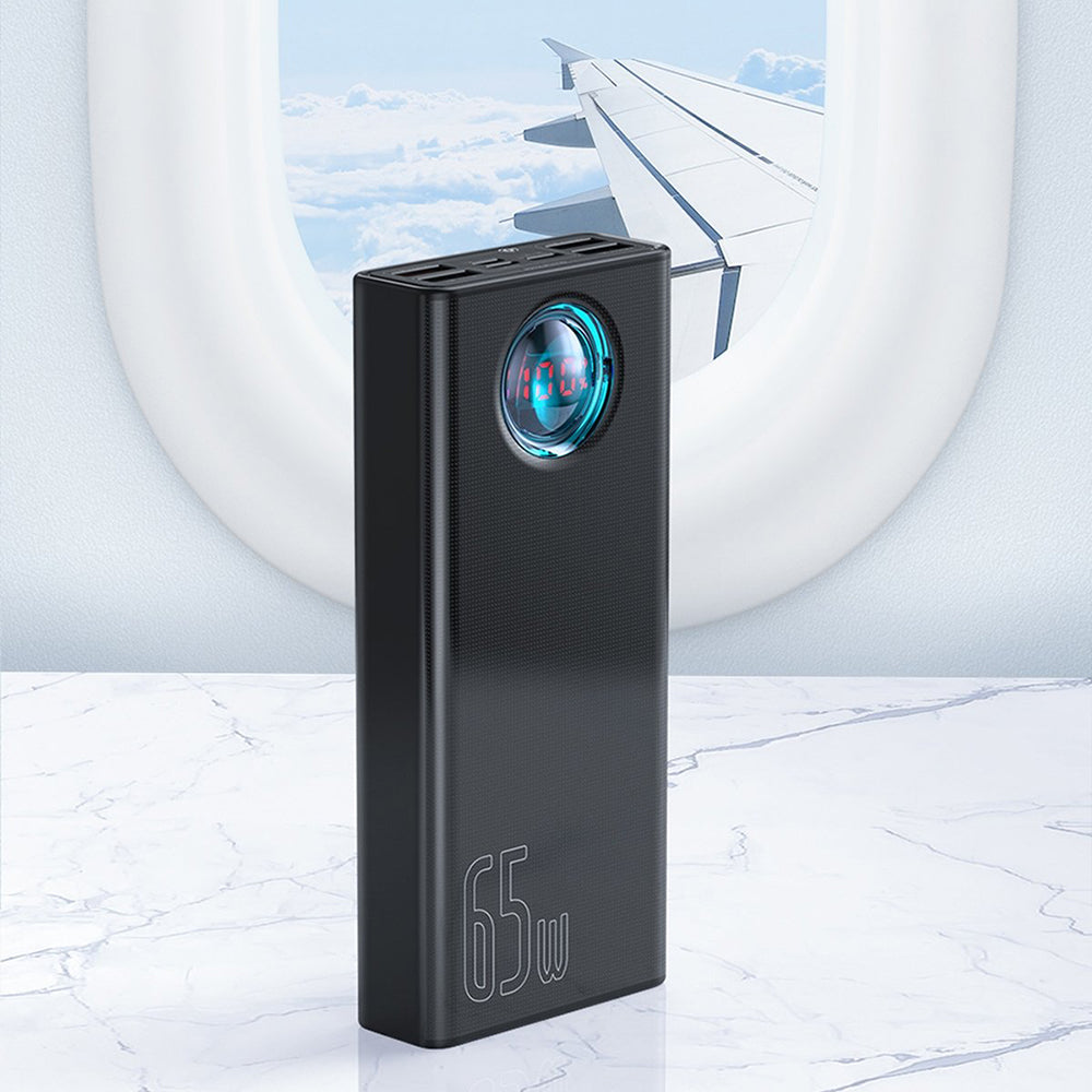 Batería Externa Baseus Amblight Digital Display, 30000mAh, 65W, QC + PD, 1 x USB-C - 4 x USB-A, Blanca PPLG000102