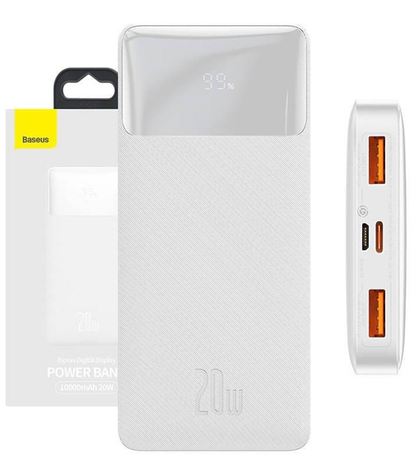 Batería Externa Baseus Bipow, 10000mAh, 20W, QC + PD, 1 x USB-C - 2 x USB-A, Blanca PPBD050502