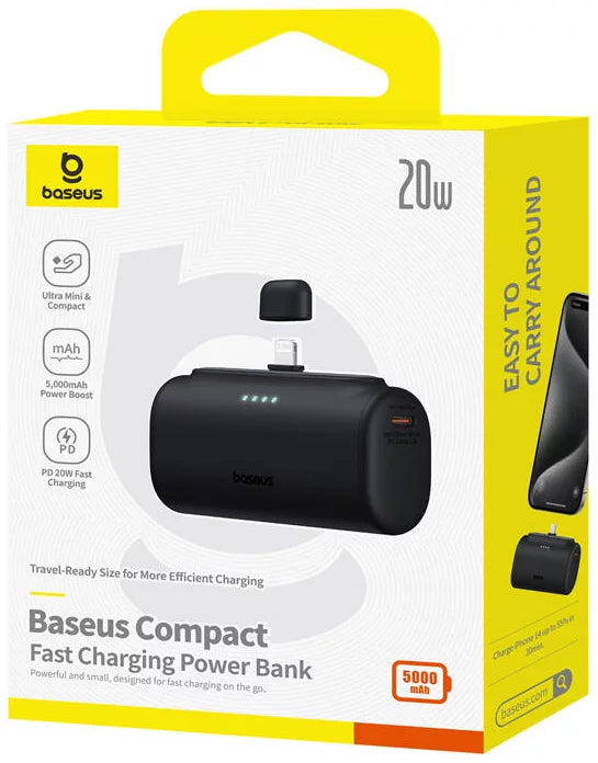 Batería Externa Baseus Compact, 5000mAh, 20W, PD, 1 x Lightning - 1 x USB-C, Negra P10068307113-00