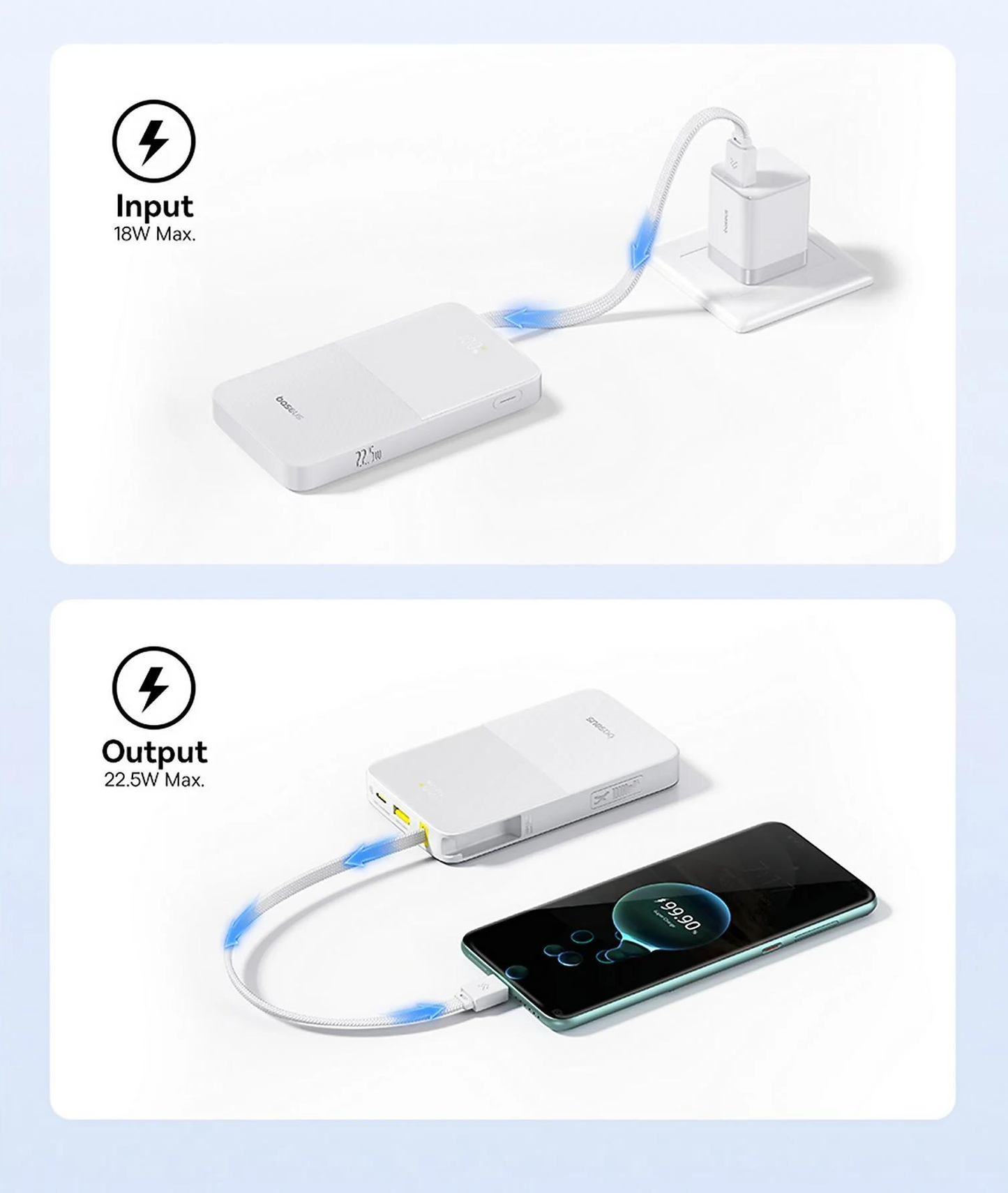 Batería Externa Baseus EnerFill Bipow2 Pro, 10000mAh, 22.5W, QC + PD, 1 x USB-A - 2 x USB-C, Blanca E0027601