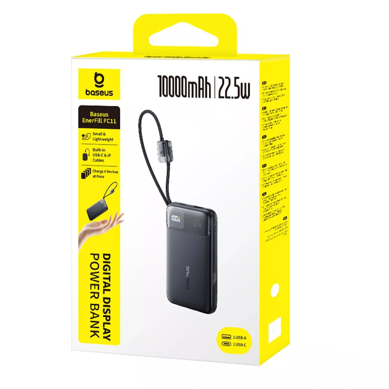 Batería Externa Baseus EnerFill FC11, 10000mAh, 22.5W, QC + PD, 1 x Lightning - 1 x USB-A - 2 x USB-C, Negra E0027R04