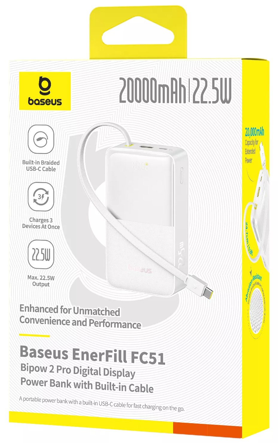 Batería Externa Baseus EnerFill Bipow2 Pro, 20000mAh, 22.5W, QC + PD, 1 x USB-A - 2 x USB-C, Blanca E0027700