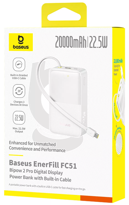 Batería Externa Baseus EnerFill Bipow2 Pro, 20000mAh, 22.5W, QC + PD, 1 x USB-A - 2 x USB-C, Blanca E0027700