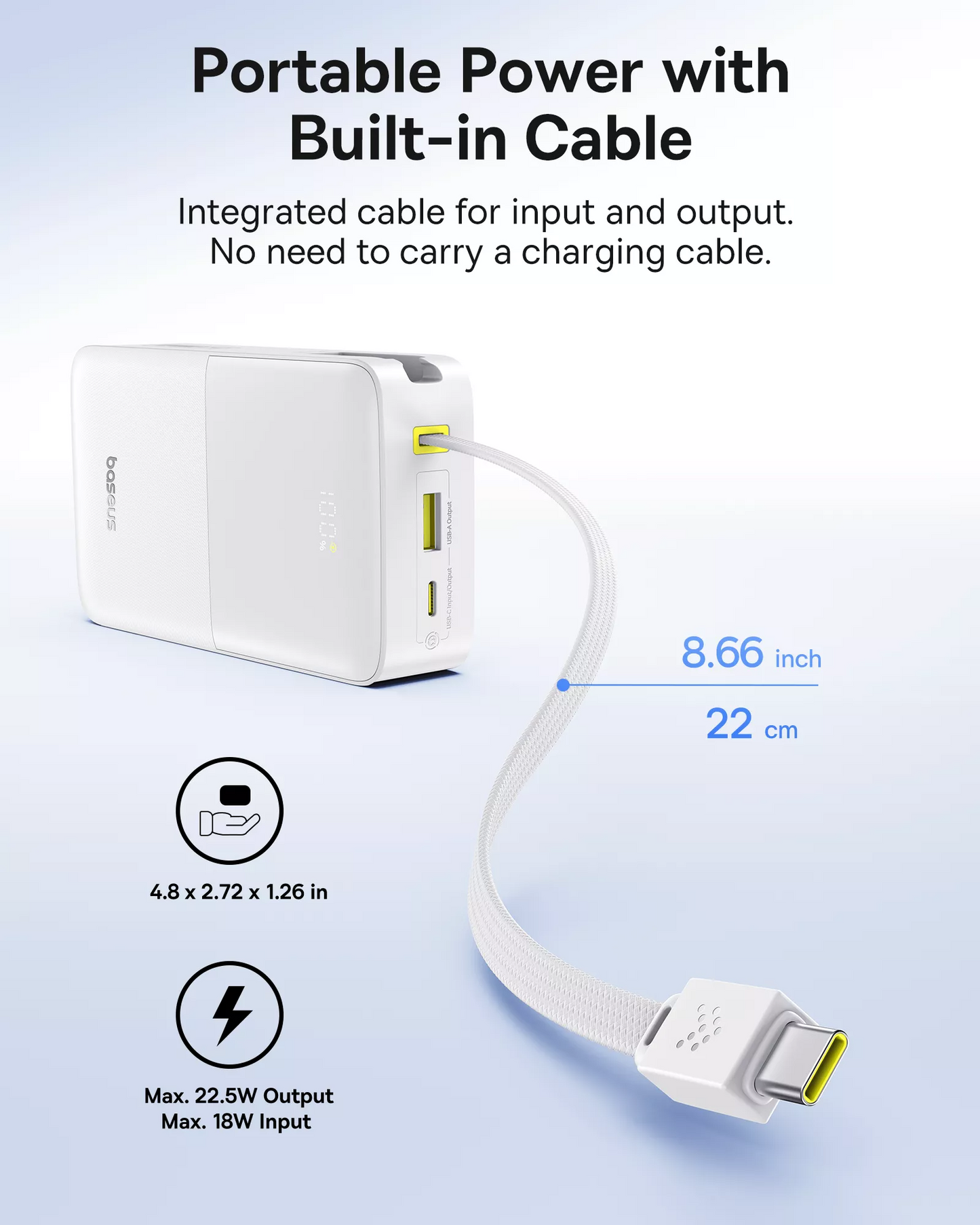 Batería Externa Baseus EnerFill Bipow2 Pro, 20000mAh, 22.5W, QC + PD, 1 x USB-A - 2 x USB-C, Blanca E0027700