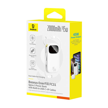 Batería Externa Baseus EnerFill FC31, 20000mAh, 45W, QC + PD, 1 x Lightning - 1 x USB-A - 2 x USB-C, Blanca E0028D01