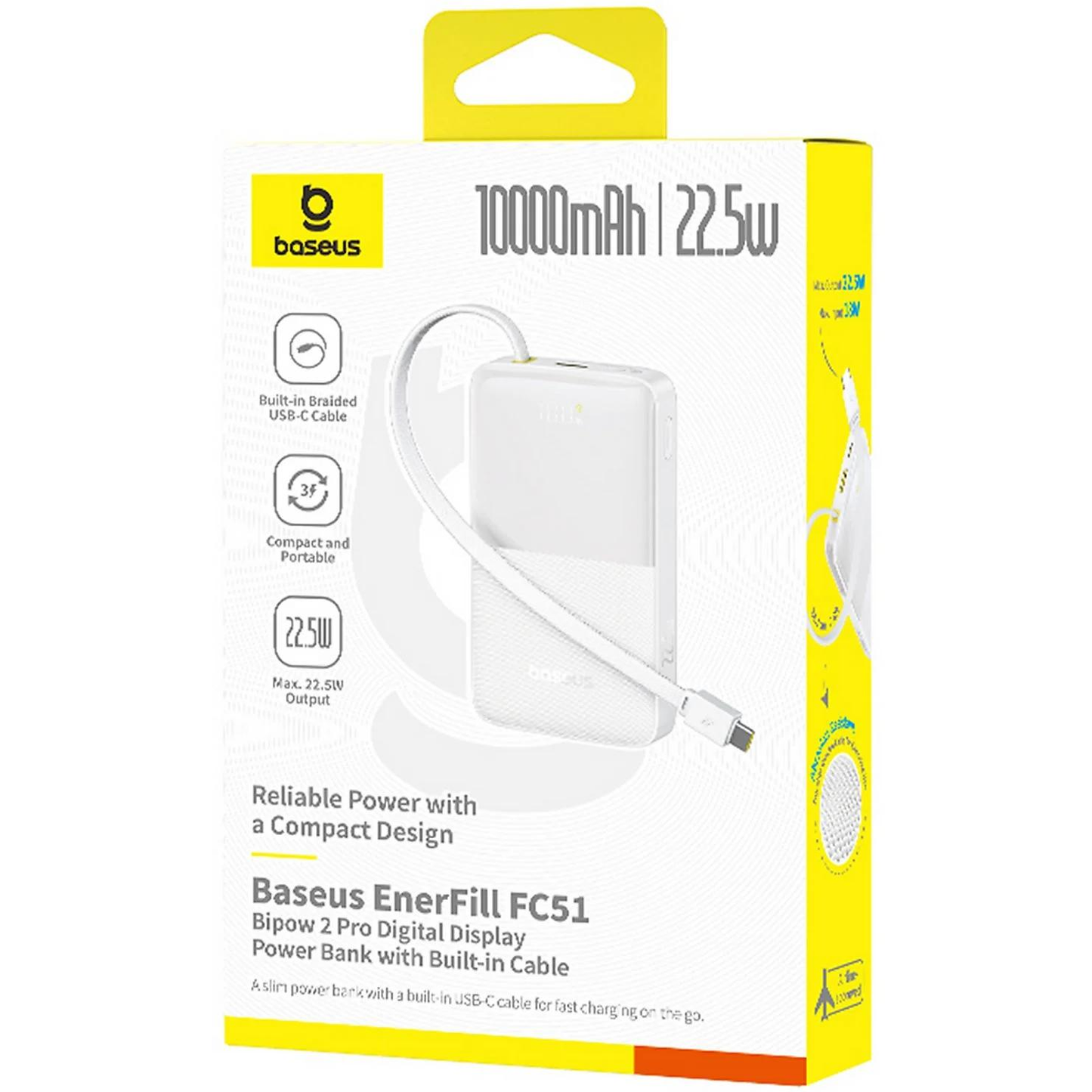 Batería Externa Baseus EnerFill Bipow2 Pro, 10000mAh, 22.5W, QC + PD, 1 x USB-A - 2 x USB-C, Blanca E0027601