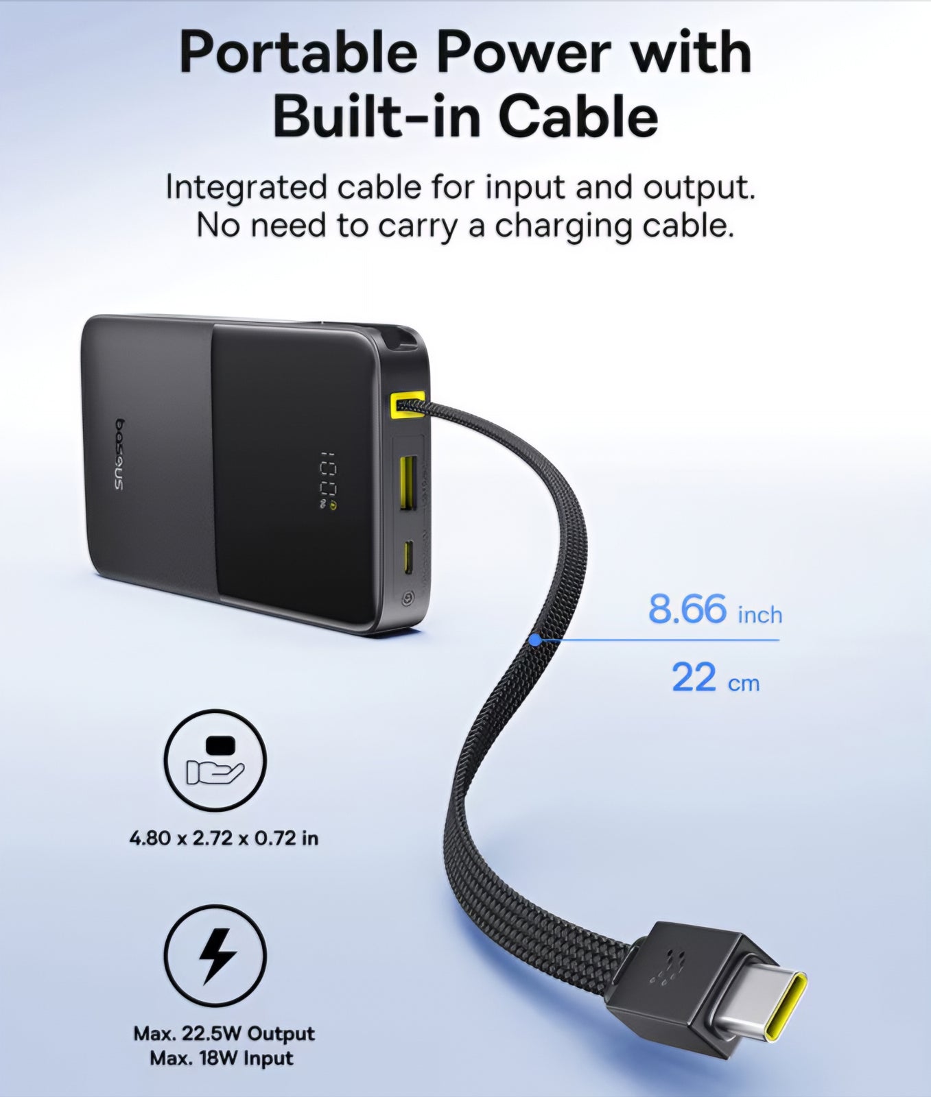 Batería Externa Baseus EnerFill Bipow2 Pro, 10000mAh, 22.5W, QC + PD, 1 x USB-A - 2 x USB-C, Negra E0027600