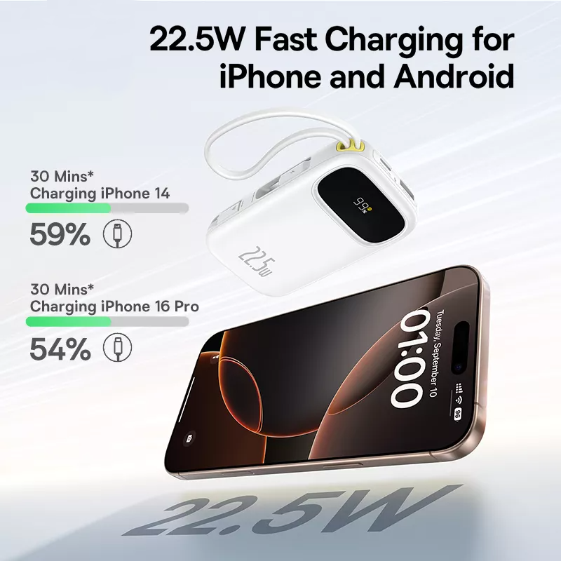 Batería Externa Baseus EnerFill FC31, 10000mAh, 22.5W, QC + PD, 1 x Lightning - 1 x USB-A - 2 x USB-C, Blanca P10082106213-00
