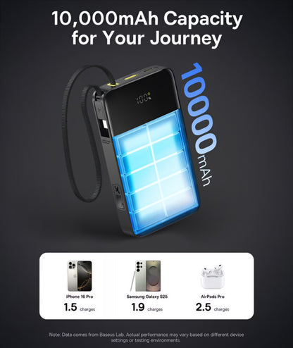 Batería Externa Baseus EnerFill Bipow2 Pro, 10000mAh, 22.5W, QC + PD, 1 x USB-A - 2 x USB-C, Negra E0027600