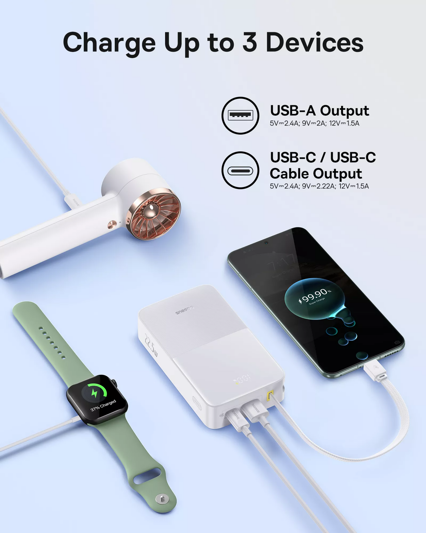 Batería Externa Baseus EnerFill Bipow2 Pro, 20000mAh, 22.5W, QC + PD, 1 x USB-A - 2 x USB-C, Blanca E0027700