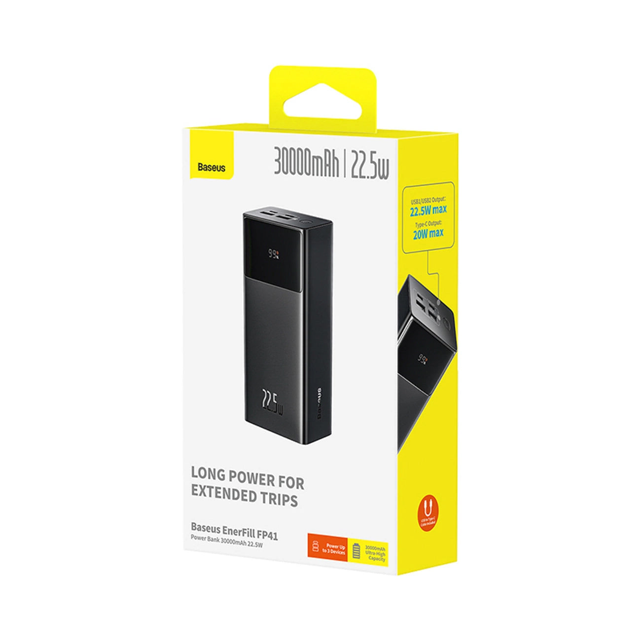 Batería Externa Baseus EnerFill FP41, 30000mAh, 22.5W, QC + PD, 1 x USB-C - 2 x USB-A, Negra
