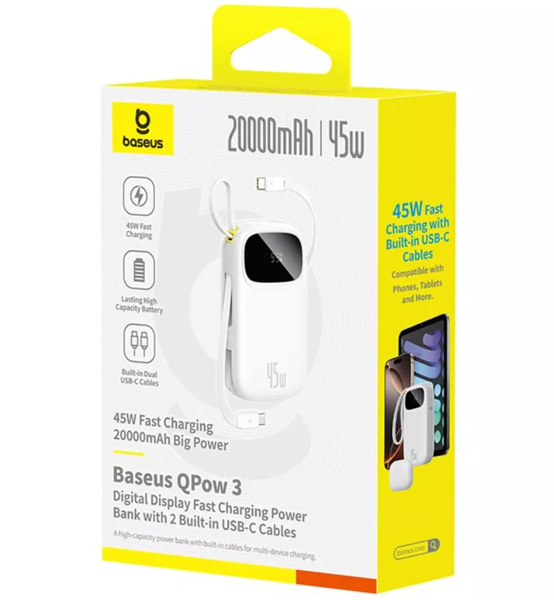 Batería Externa Baseus EnerFill FC31, 20000mAh, 45W, QC + PD, 1 x Lightning - 1 x USB-A - 2 x USB-C, Blanca P10082105213-00