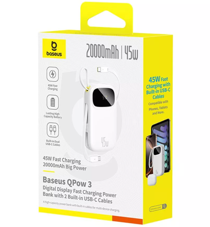 Batería Externa Baseus EnerFill FC31, 20000mAh, 45W, QC + PD, 1 x Lightning - 1 x USB-A - 2 x USB-C, Blanca P10082105213-00