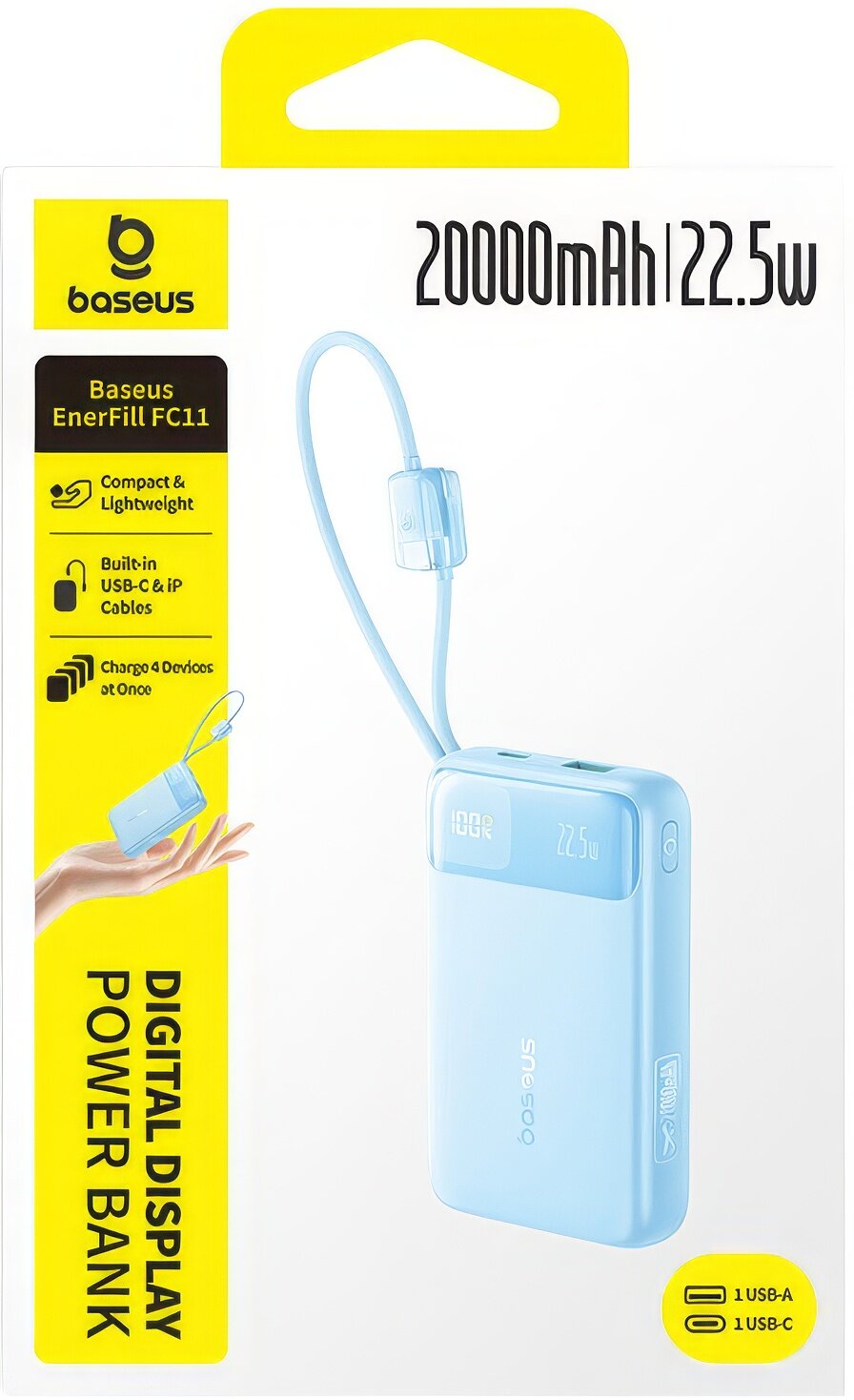 Batería Externa Baseus EnerFill FC11, 20000mAh, 22.5W, QC + PD, 1 x Lightning - 1 x USB-A - 2 x USB-C, Azul E0027S06