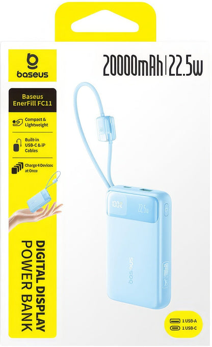 Batería Externa Baseus EnerFill FC11, 20000mAh, 22.5W, QC + PD, 1 x Lightning - 1 x USB-A - 2 x USB-C, Azul E0027S06
